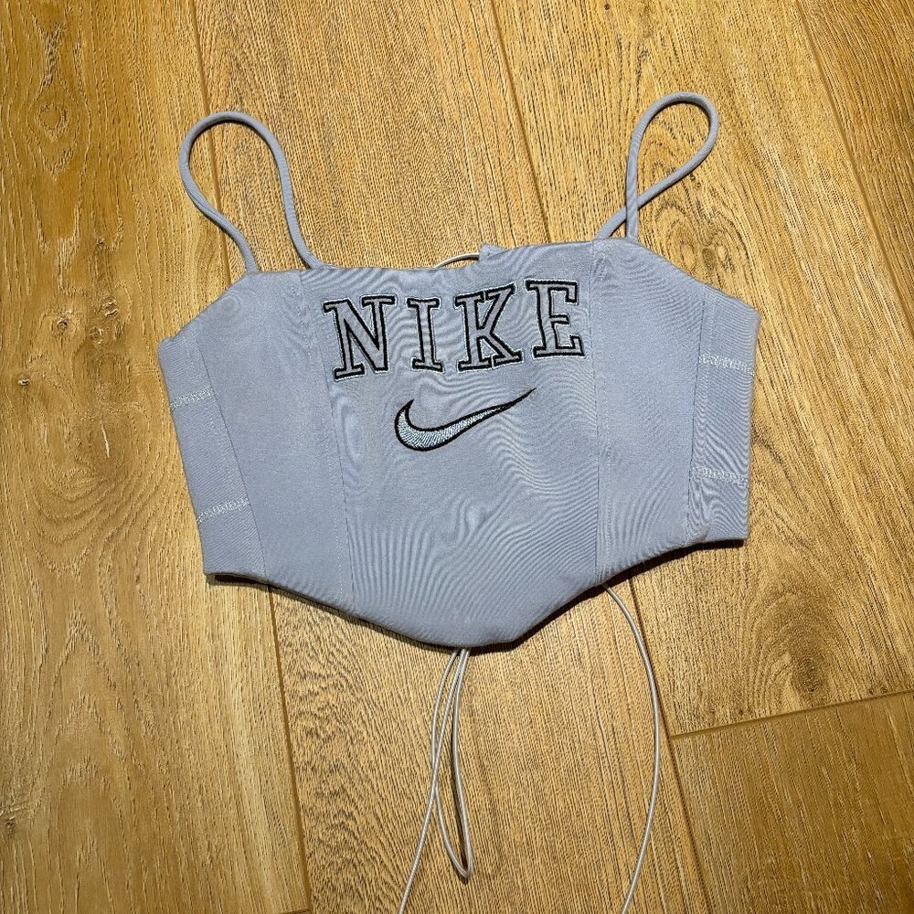 Vintage Nike Reworked Crop Top Corset Lace Up Baby Blue Tank